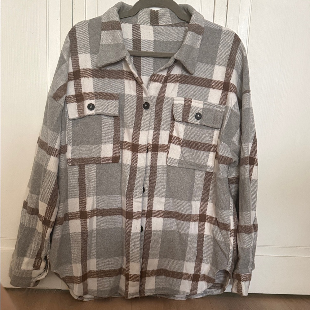 Grey, White & Brown Plaid Button-Up Shacket Size Large/Xlarge
